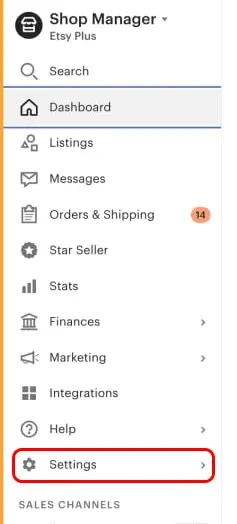 Меню Shop Manager в магазине Etsy