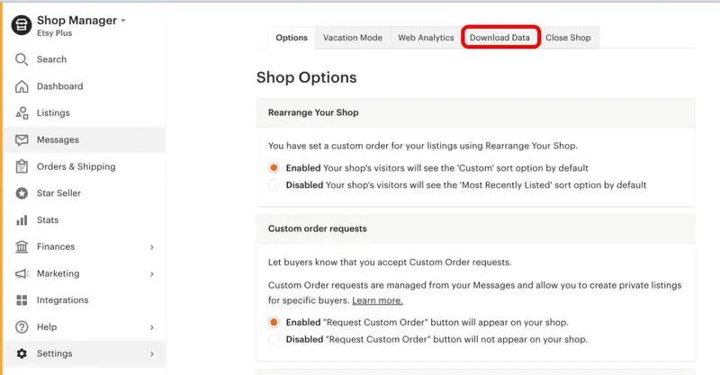 Вкладка Download Data в магазине Etsy