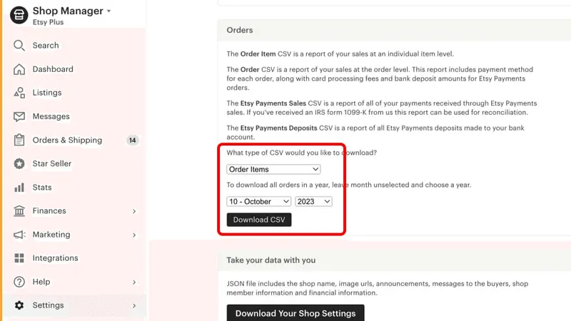 Скачивание CSV-файла с заказами из Etsy