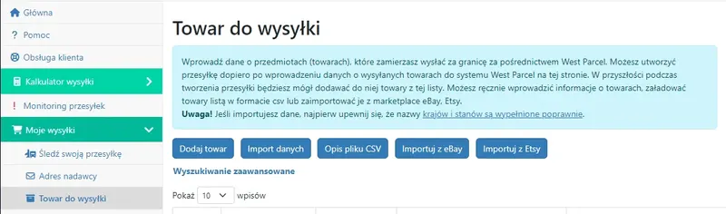 Jak dodać towar do wysyłki na koncie West Parcel